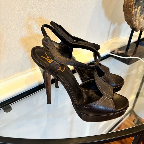YSL Yves Saint Laurent Platform Stiletto Heels Brown Leather Size 38 Open Toe - Picture 5 of 10